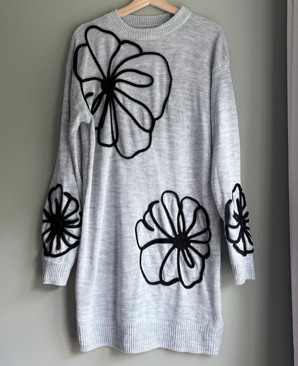Abstract Floral Knit Sweater Dress Tunic Gray Black Long Sleeve Artsy Bold L